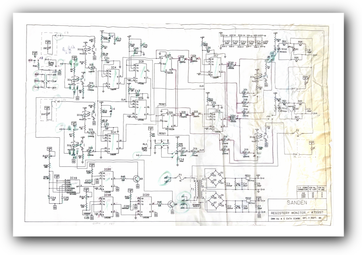 A creased hand-drafted 1986 schematic for the Sanden Registry Monitor, annotated in green highlighter